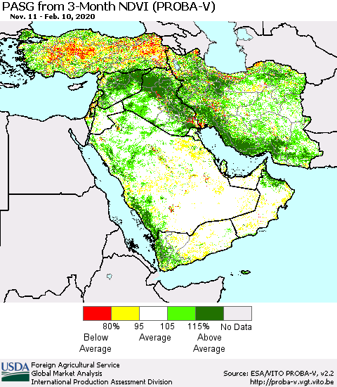 Middle East and Turkey PASG from 3-Month NDVI (PROBA-V) Thematic Map For 2/1/2020 - 2/10/2020