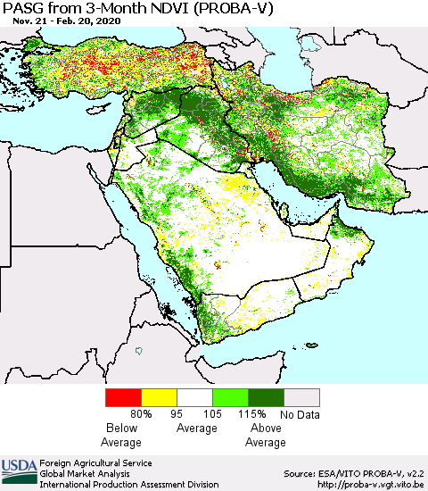 Middle East and Turkey PASG from 3-Month NDVI (PROBA-V) Thematic Map For 2/11/2020 - 2/20/2020