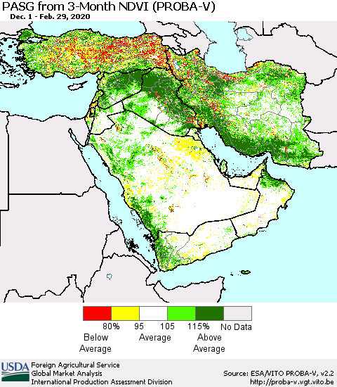 Middle East and Turkey PASG from 3-Month NDVI (PROBA-V) Thematic Map For 2/21/2020 - 2/29/2020