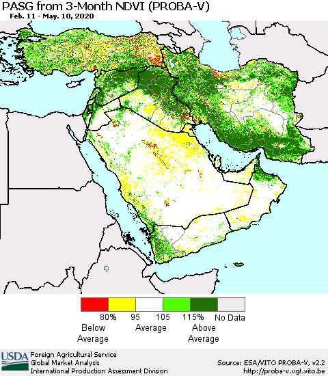 Middle East and Turkey PASG from 3-Month NDVI (PROBA-V) Thematic Map For 5/1/2020 - 5/10/2020