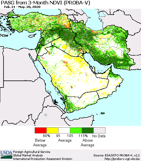 Middle East and Turkey PASG from 3-Month NDVI (PROBA-V) Thematic Map For 5/11/2020 - 5/20/2020
