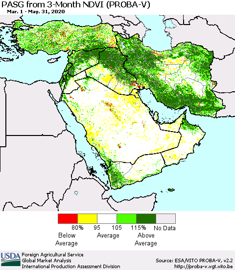 Middle East and Turkey PASG from 3-Month NDVI (PROBA-V) Thematic Map For 5/21/2020 - 5/31/2020
