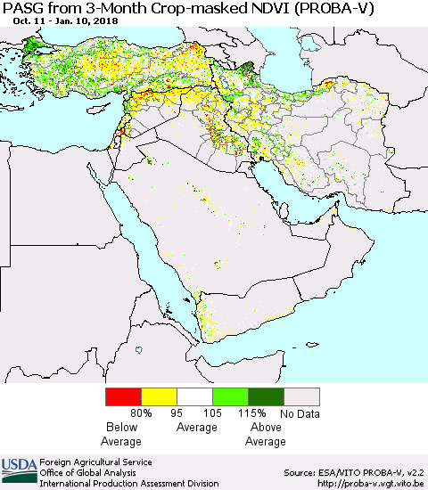 Middle East and Turkey PASG from 3-Month Crop-masked NDVI (PROBA-V) Thematic Map For 1/1/2018 - 1/10/2018