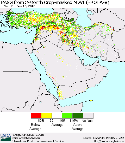 Middle East and Turkey PASG from 3-Month Crop-masked NDVI (PROBA-V) Thematic Map For 2/1/2018 - 2/10/2018