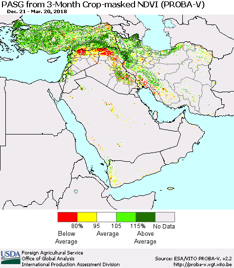 Middle East and Turkey PASG from 3-Month Crop-masked NDVI (PROBA-V) Thematic Map For 3/11/2018 - 3/20/2018