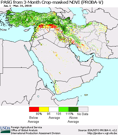 Middle East and Turkey PASG from 3-Month Crop-masked NDVI (PROBA-V) Thematic Map For 3/21/2018 - 3/31/2018