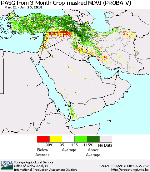 Middle East and Turkey PASG from 3-Month Crop-masked NDVI (PROBA-V) Thematic Map For 6/11/2018 - 6/20/2018