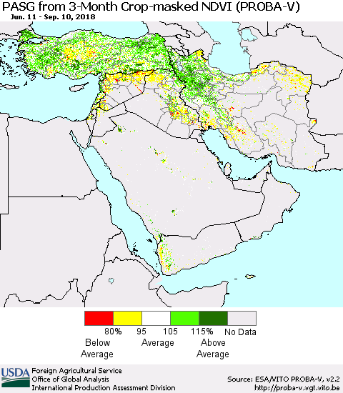Middle East and Turkey PASG from 3-Month Crop-masked NDVI (PROBA-V) Thematic Map For 9/1/2018 - 9/10/2018