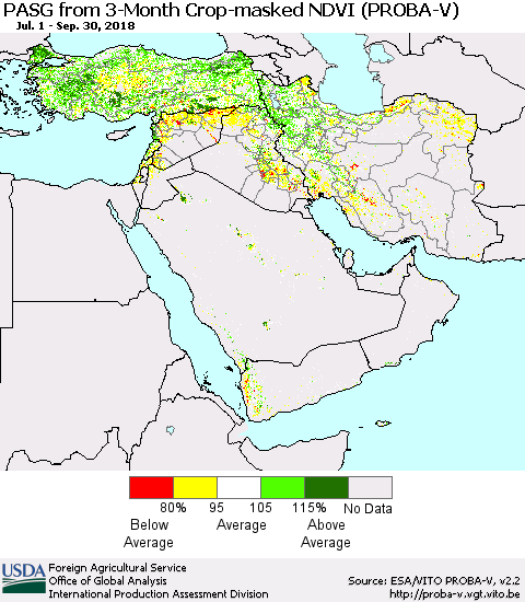 Middle East and Turkey PASG from 3-Month Crop-masked NDVI (PROBA-V) Thematic Map For 9/21/2018 - 9/30/2018