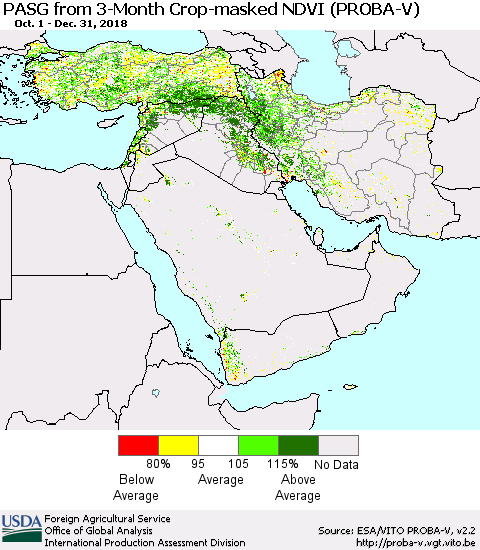 Middle East and Turkey PASG from 3-Month Crop-masked NDVI (PROBA-V) Thematic Map For 12/21/2018 - 12/31/2018
