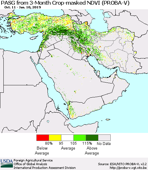 Middle East and Turkey PASG from 3-Month Crop-masked NDVI (PROBA-V) Thematic Map For 1/1/2019 - 1/10/2019