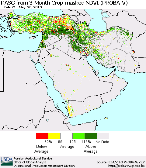 Middle East and Turkey PASG from 3-Month Crop-masked NDVI (PROBA-V) Thematic Map For 5/11/2019 - 5/20/2019