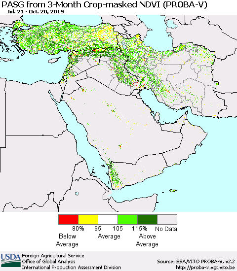 Middle East and Turkey PASG from 3-Month Crop-masked NDVI (PROBA-V) Thematic Map For 10/11/2019 - 10/20/2019