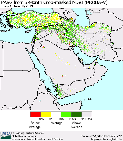 Middle East and Turkey PASG from 3-Month Crop-masked NDVI (PROBA-V) Thematic Map For 11/21/2019 - 11/30/2019