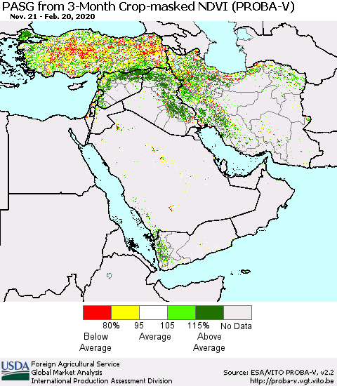 Middle East and Turkey PASG from 3-Month Crop-masked NDVI (PROBA-V) Thematic Map For 2/11/2020 - 2/20/2020