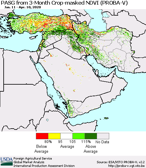 Middle East and Turkey PASG from 3-Month Crop-masked NDVI (PROBA-V) Thematic Map For 4/1/2020 - 4/10/2020