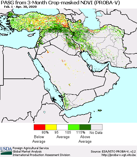 Middle East and Turkey PASG from 3-Month Crop-masked NDVI (PROBA-V) Thematic Map For 4/21/2020 - 4/30/2020