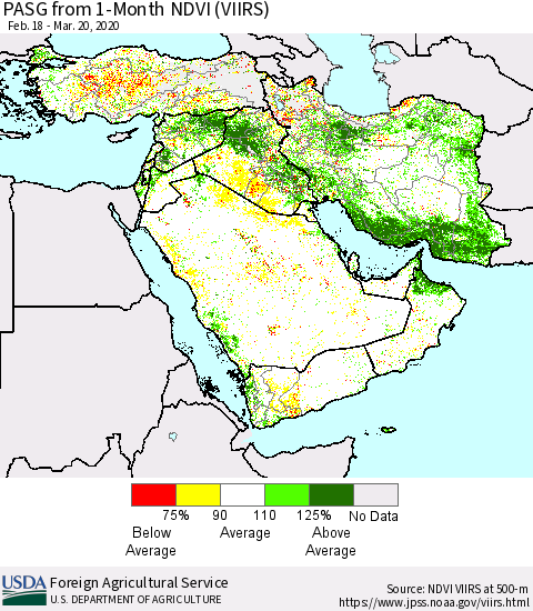 Middle East and Turkey PASG from 1-Month NDVI (VIIRS) Thematic Map For 3/11/2020 - 3/20/2020
