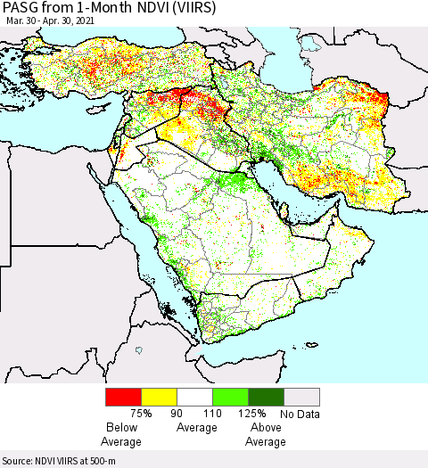 Middle East and Turkey PASG from 1-Month NDVI (VIIRS) Thematic Map For 4/23/2021 - 4/30/2021