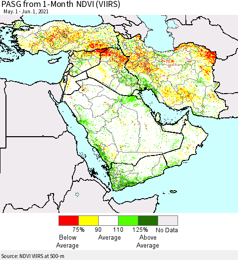 Middle East and Turkey PASG from 1-Month NDVI (VIIRS) Thematic Map For 5/25/2021 - 6/1/2021