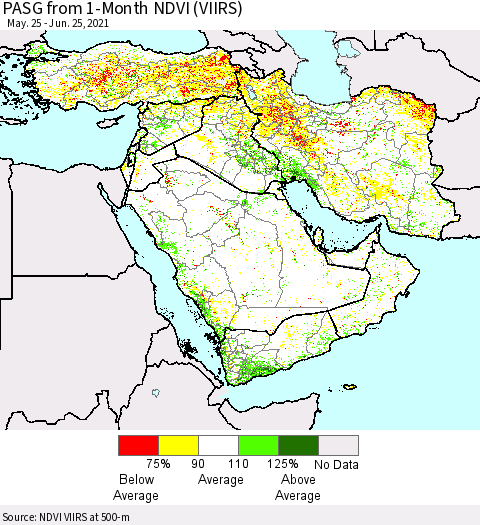 Middle East and Turkey PASG from 1-Month NDVI (VIIRS) Thematic Map For 6/18/2021 - 6/25/2021