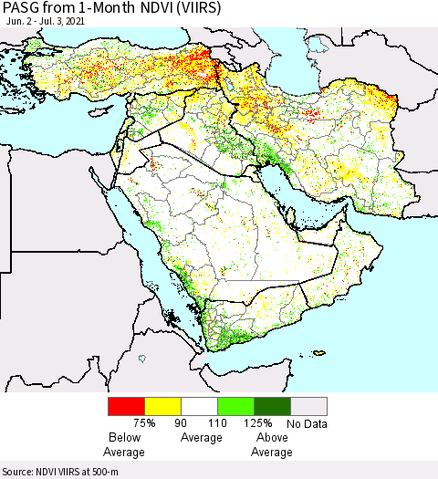 Middle East and Turkey PASG from 1-Month NDVI (VIIRS) Thematic Map For 6/26/2021 - 7/3/2021