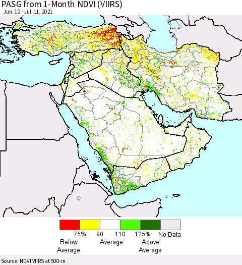 Middle East and Turkey PASG from 1-Month NDVI (VIIRS) Thematic Map For 7/4/2021 - 7/11/2021
