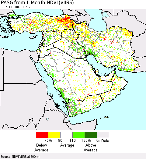 Middle East and Turkey PASG from 1-Month NDVI (VIIRS) Thematic Map For 7/12/2021 - 7/19/2021