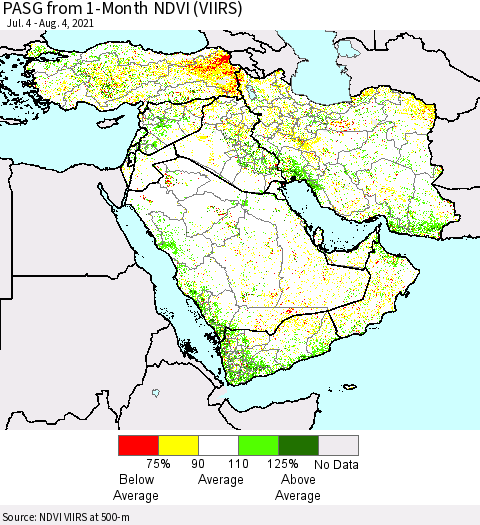 Middle East and Turkey PASG from 1-Month NDVI (VIIRS) Thematic Map For 7/28/2021 - 8/4/2021