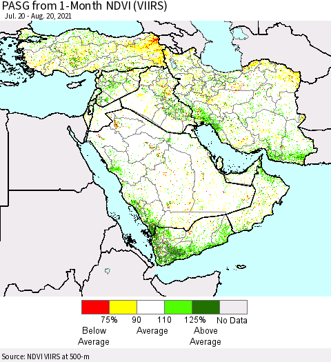 Middle East and Turkey PASG from 1-Month NDVI (VIIRS) Thematic Map For 8/13/2021 - 8/20/2021