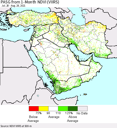 Middle East and Turkey PASG from 1-Month NDVI (VIIRS) Thematic Map For 8/21/2021 - 8/28/2021
