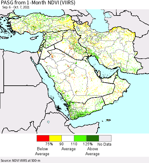 Middle East and Turkey PASG from 1-Month NDVI (VIIRS) Thematic Map For 9/30/2021 - 10/7/2021