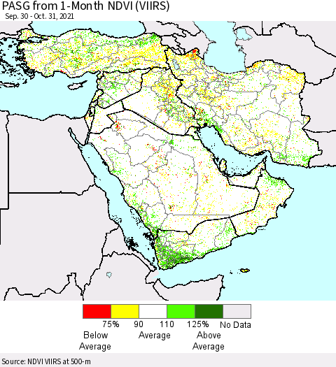 Middle East and Turkey PASG from 1-Month NDVI (VIIRS) Thematic Map For 10/24/2021 - 10/31/2021