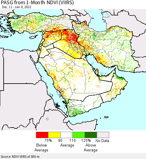 Middle East and Turkey PASG from 1-Month NDVI (VIIRS) Thematic Map For 1/1/2022 - 1/8/2022