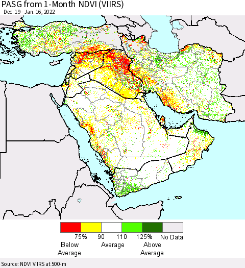 Middle East and Turkey PASG from 1-Month NDVI (VIIRS) Thematic Map For 1/9/2022 - 1/16/2022