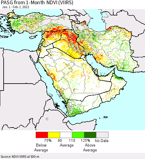 Middle East and Turkey PASG from 1-Month NDVI (VIIRS) Thematic Map For 1/25/2022 - 2/1/2022