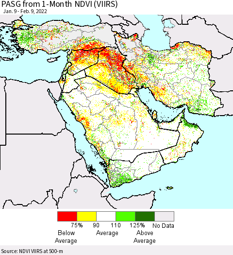 Middle East and Turkey PASG from 1-Month NDVI (VIIRS) Thematic Map For 2/2/2022 - 2/9/2022