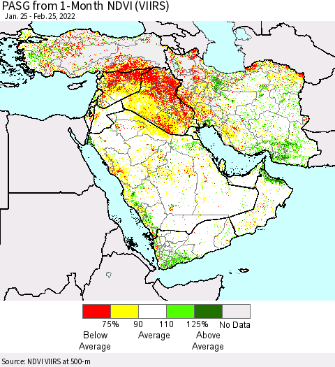Middle East and Turkey PASG from 1-Month NDVI (VIIRS) Thematic Map For 2/18/2022 - 2/25/2022