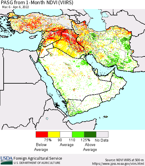Middle East and Turkey PASG from 1-Month NDVI (VIIRS) Thematic Map For 4/1/2022 - 4/10/2022