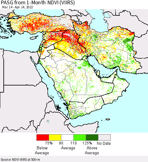 Middle East and Turkey PASG from 1-Month NDVI (VIIRS) Thematic Map For 4/7/2022 - 4/14/2022