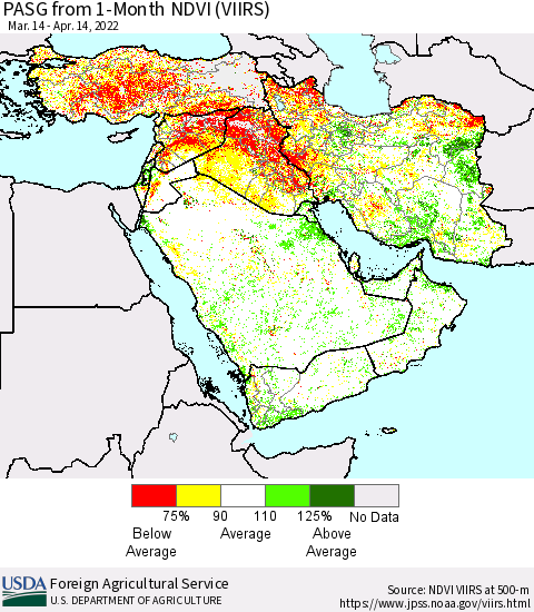 Middle East and Turkey PASG from 1-Month NDVI (VIIRS) Thematic Map For 4/11/2022 - 4/20/2022
