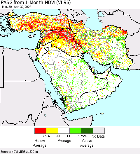 Middle East and Turkey PASG from 1-Month NDVI (VIIRS) Thematic Map For 4/23/2022 - 4/30/2022