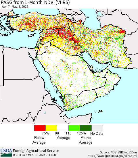 Middle East and Turkey PASG from 1-Month NDVI (VIIRS) Thematic Map For 5/1/2022 - 5/10/2022