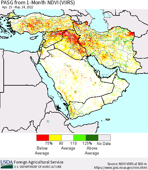 Middle East and Turkey PASG from 1-Month NDVI (VIIRS) Thematic Map For 5/21/2022 - 5/31/2022