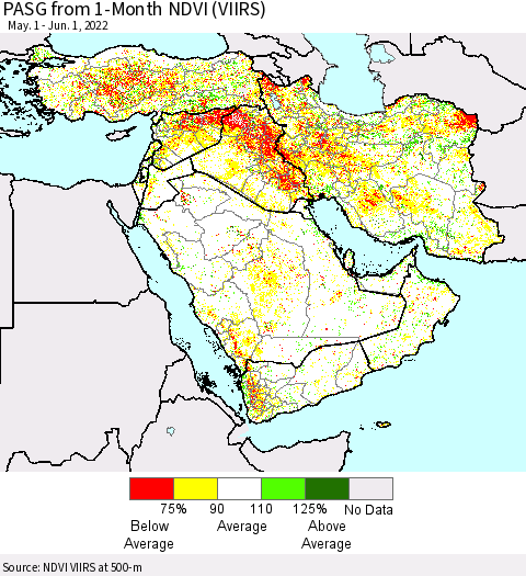 Middle East and Turkey PASG from 1-Month NDVI (VIIRS) Thematic Map For 5/25/2022 - 6/1/2022