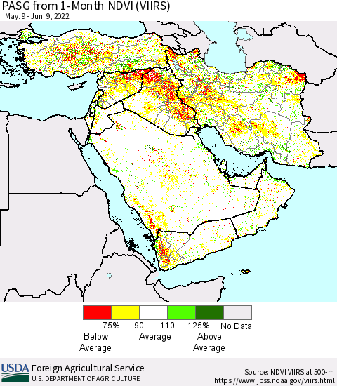 Middle East and Turkey PASG from 1-Month NDVI (VIIRS) Thematic Map For 6/1/2022 - 6/10/2022