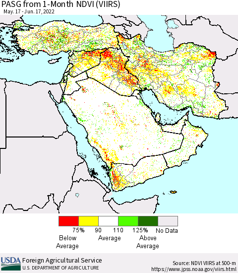 Middle East and Turkey PASG from 1-Month NDVI (VIIRS) Thematic Map For 6/11/2022 - 6/20/2022