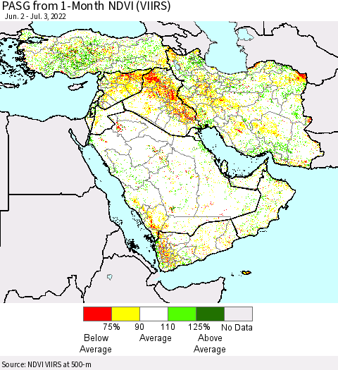 Middle East and Turkey PASG from 1-Month NDVI (VIIRS) Thematic Map For 6/26/2022 - 7/3/2022