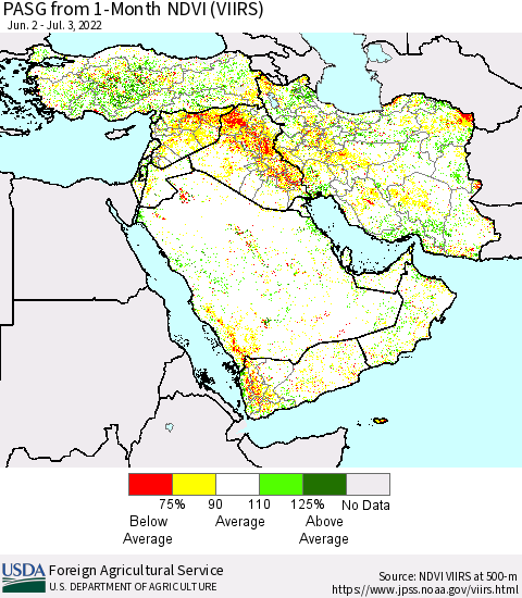 Middle East and Turkey PASG from 1-Month NDVI (VIIRS) Thematic Map For 7/1/2022 - 7/10/2022