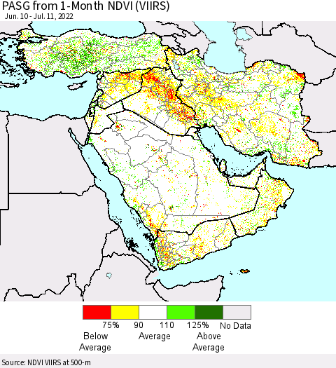 Middle East and Turkey PASG from 1-Month NDVI (VIIRS) Thematic Map For 7/4/2022 - 7/11/2022